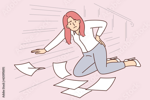 Woman office worker fell down stairs and injured back dropping papers and documents on floor.
