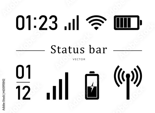 Set of status bar. Mobile phone icons set isolated on white background. Simple graphic design. Time, connection, wifi signal, battery icon. For mobile app, website, user interface.Vector illustration.