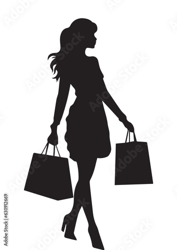 black and white silhouette of woman shopping,vector silhouette design,beautiful woman silhouette,eps file editable,print ready image