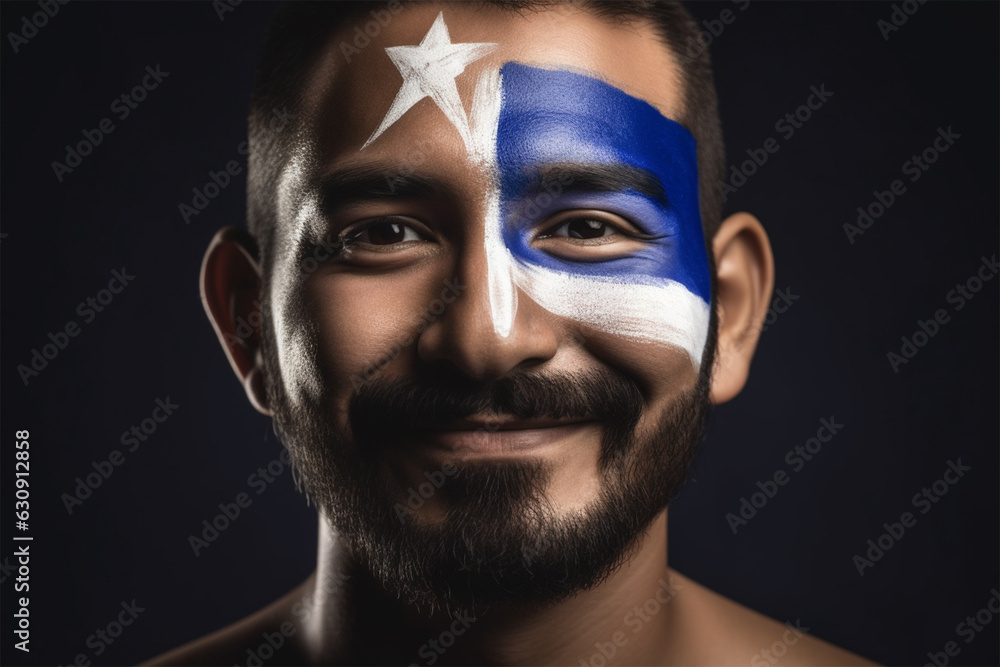happy young man with a pattern on his face in the colors of the Israel flag 