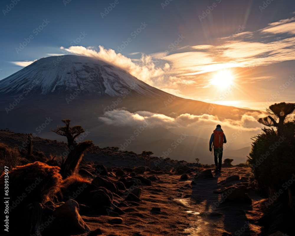 Man hiker with backpack on top of the mount Kilimanjaro,  looking at the snow slope. Concept motivation and goal achievement