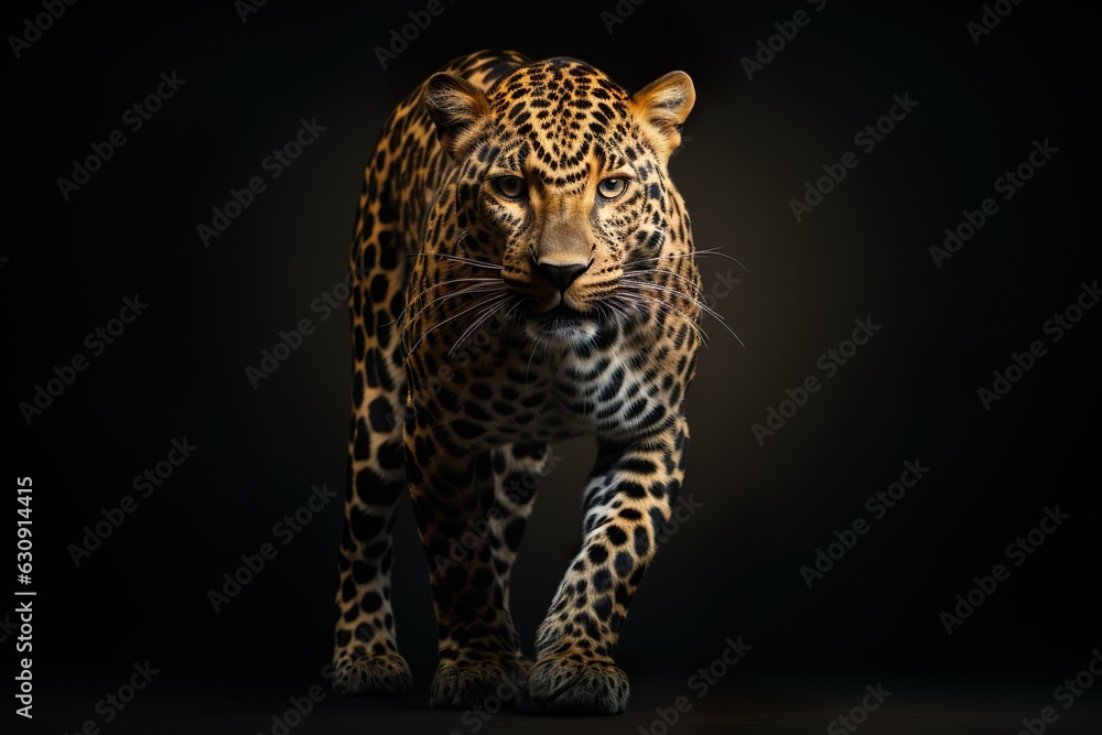 Fototapeta premium Full body big leopard on dark background | Generative AI