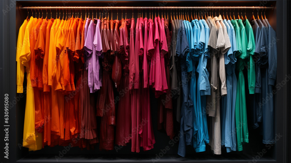 Close up a collection of pastel color t-shirts hanging on a wooden clothes hanger in closet or clothing rack over  
