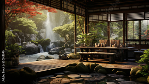 rumah mewah atau desain Eksterior rumah menampilkan vila kolam renang tropis dengan taman hijau