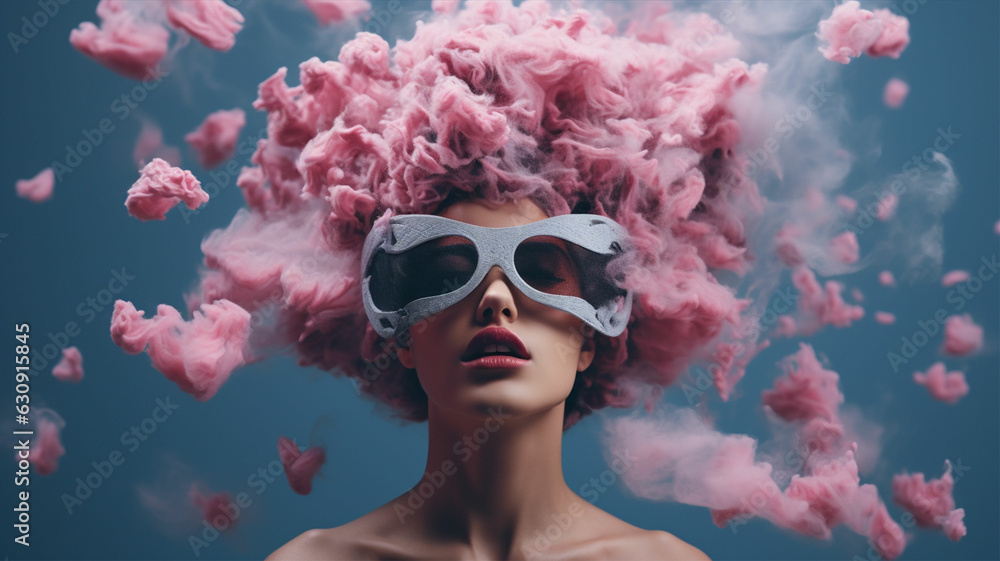 woman wearing glasses with pink floral hair