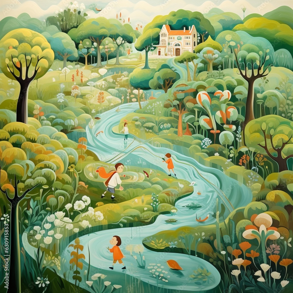 Landscape - Little houses - Children's Illustration Folk Art Psychedelic Mood