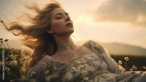 beautiful brunette woman sitting in a flower garden enjoying the wind with her hair loose