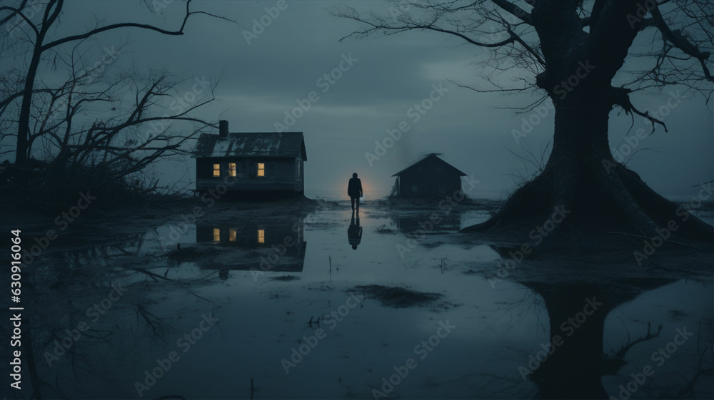 silhouette of a man beside a dark house