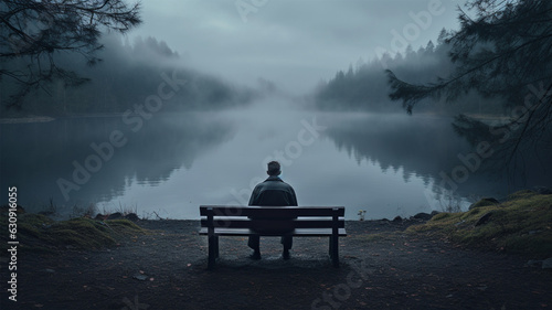 Silhouette of a man Sitting alone on a foggy Pier