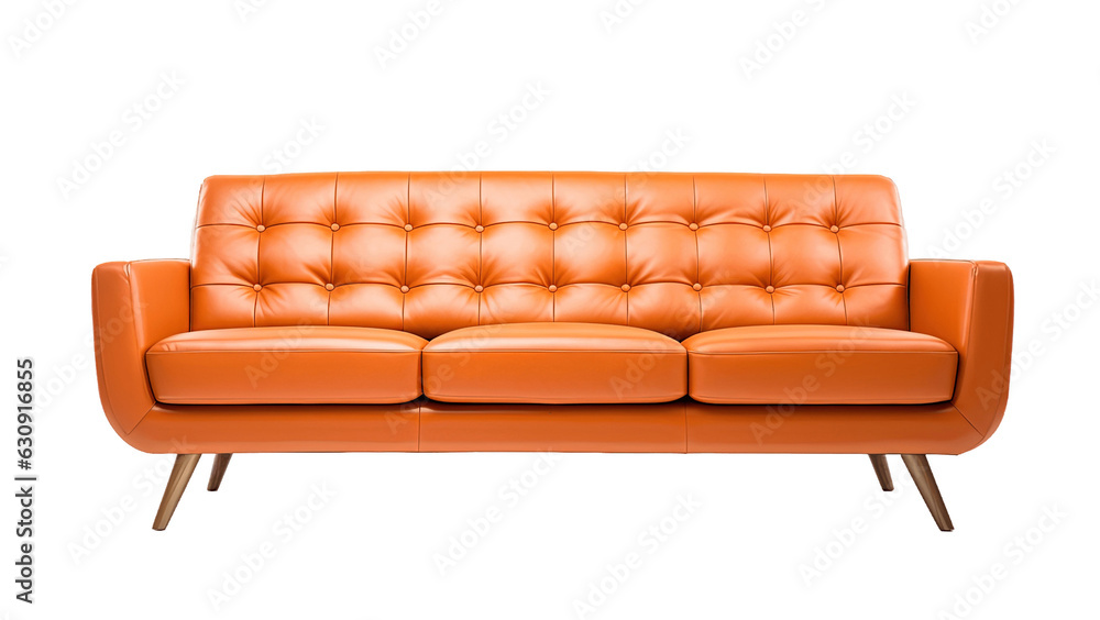 Obraz premium Mid-Century Modern orange sofa isolated on transparent background. PNG file, cut out