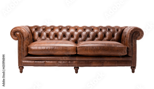 Brown leather chesterfield sofa isolated on transparent background. PNG file, cut out photo