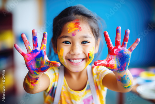 Artistic Freedom. Playful Child with Messy Painted Hands  Expressing Creativity Through Paint. AI Generative