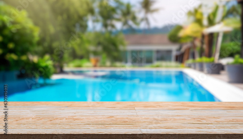 Empty table top and blurred swimming pool in tropical resort in summer for display or montage your products. © Uuganbayar