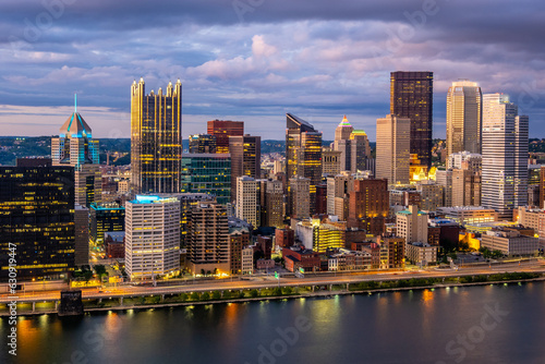 Sunset view of Pittsburgh downtown from Grand View at Mount Washington