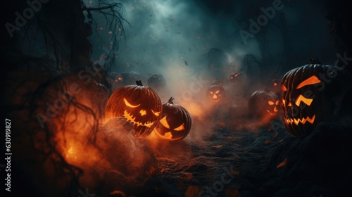 Halloween decoration background with light, pumpkin and cemetery.