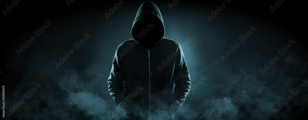 © New Africa - Anonymous man in hood surrounded by smoke on black background. Banner design © New Africa - Anonymous man in hood surrounded by smoke on black background. Banner design