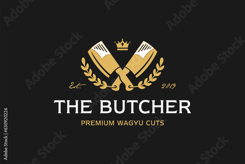 List butcher knife logo vintage with luxury gold laurel vector template design fit for meat beef shop