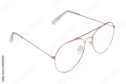 Stylish glasses with metal frame isolated on white
