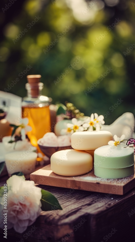 Spa still life with spa products, nature background. Generative AI.