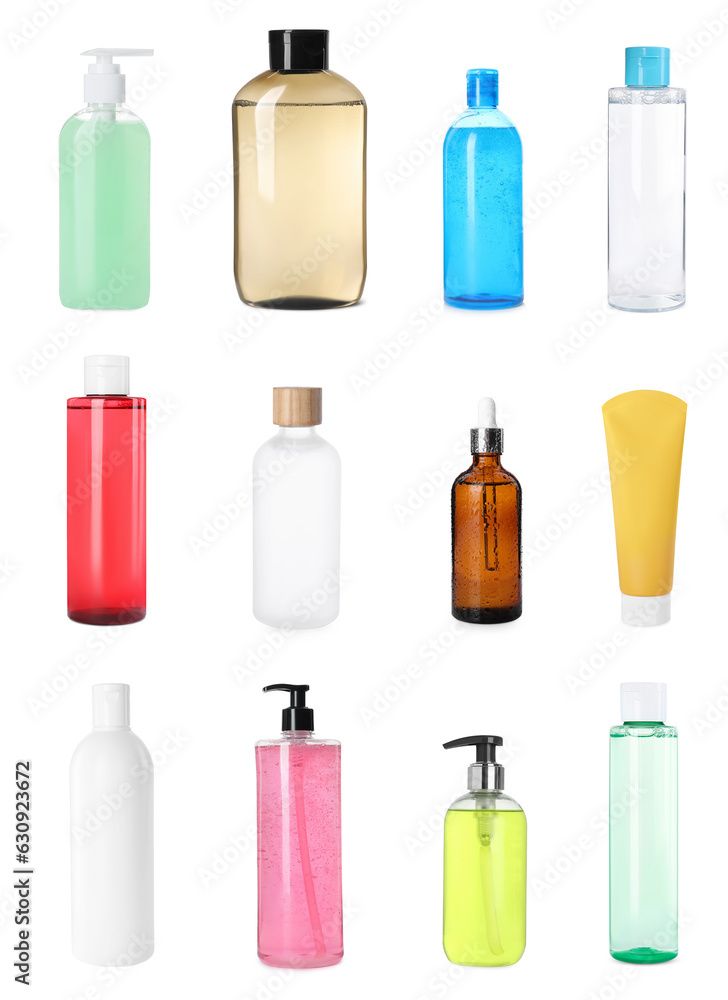 Set of different face cleansers or other cosmetic products isolated on white Set of different face cleansers or other cosmetic products isolated on white