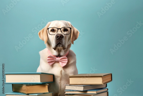 A dog wearing glasses poses in front of a stack of books, set against a vibrant blue background, capturing the essence of curiosity and intellect.