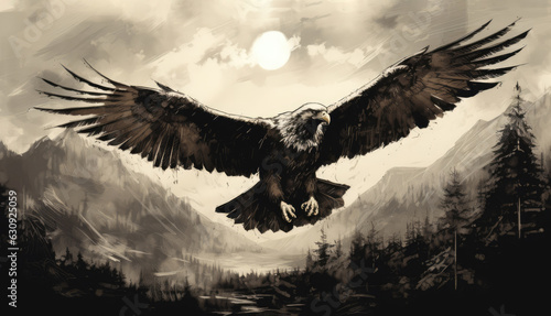 A flying hawk with spread wings extended its claws. Vintage monochrome drawing of a hawk flying in the mountains among the clouds, ai generated