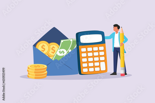 Freelancer filling invoice, distance job payroll, money transfer online, remote work payment, get salary on bank account concept. Colored flat vector illustration isolated. 
