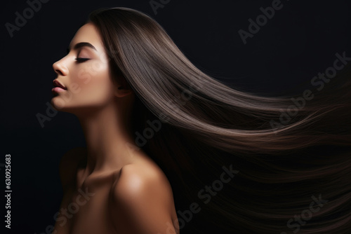 Beautiful woman with long straight hair on black background Generative AI