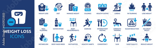 Weight loss icon set. Containing diet, manage weight, calories, healthy eating, cardio, fat burning, meal planning, body measurement and exercise icons. Solid icon collection. Vector illustration.
