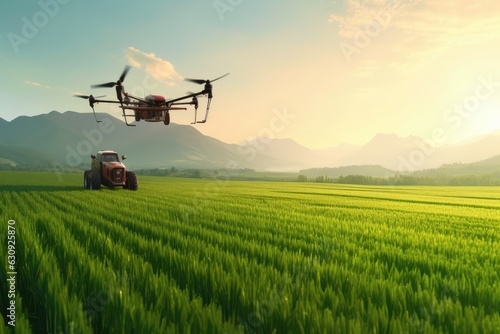 Smart Farming aerial smart agriculture drone, data driven farming automation, Green Tech, Green Energy, Clean Tech, New energy, smart tech, spraying fertilizer agricultural drone fly, agritech IoT photo
