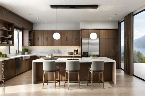 Modern kitchen interior. Stylish lamp hanging on ceiling and illuminating marble countertop inside modern room in daytime. Modern kitchen interior