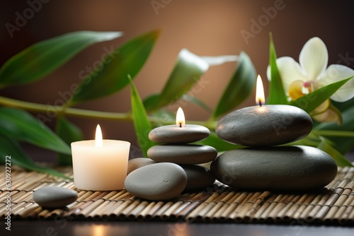 Spa massage concept. Stones with candles on bamboo mat | Generative AI