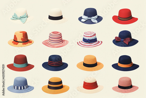 Retro risograph of a selection of hats in a row against a white background. Generative AI.