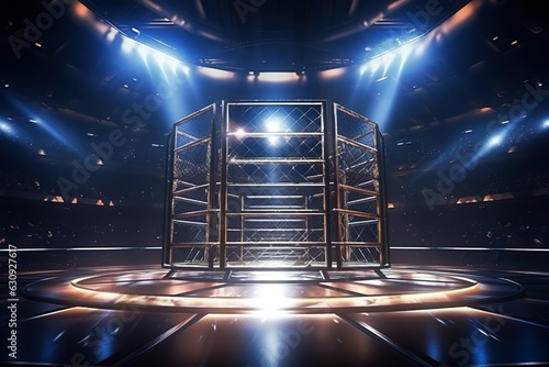 Ring arena for boxing fight and MMA championship competitions. Ai. Background with stage surrounded with chainlink fence and spotlights © Kay