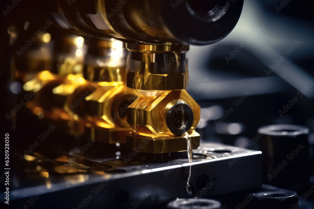 Close-up macro image of a lathe machine being used to apply industrial lubricants