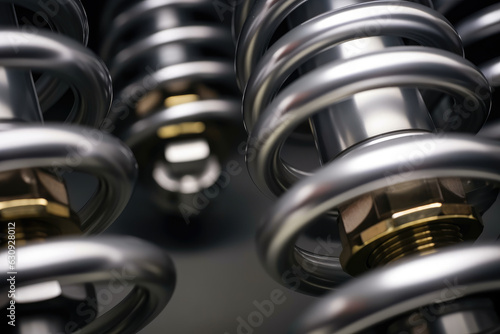 A brand-new shock absorber with a shiny metal surface and compressed spring coils is shown up close in this macro shot