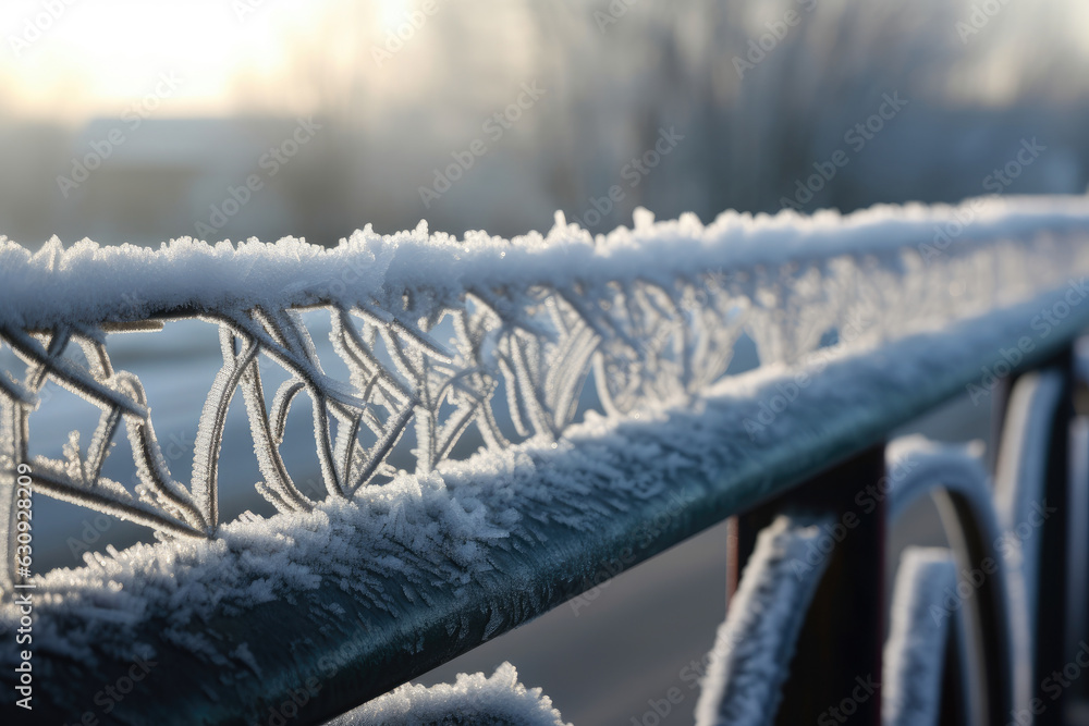 Fototapeta premium A close-up of a guardrail that has been covered in frost on a chilly winter morning, showcasing the elegance of commercial buildings in the natural world
