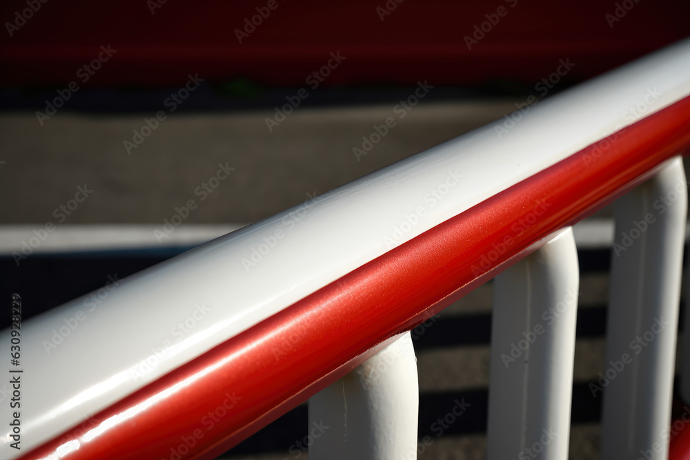 A guardrail with a glossy red and white finish that denotes a no-entry zone is shown in detail in a macro photograph