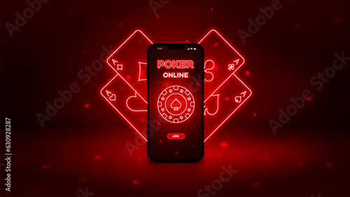 Mobile Poker Casino. Glowing online mobile casino banner. Vector illustration