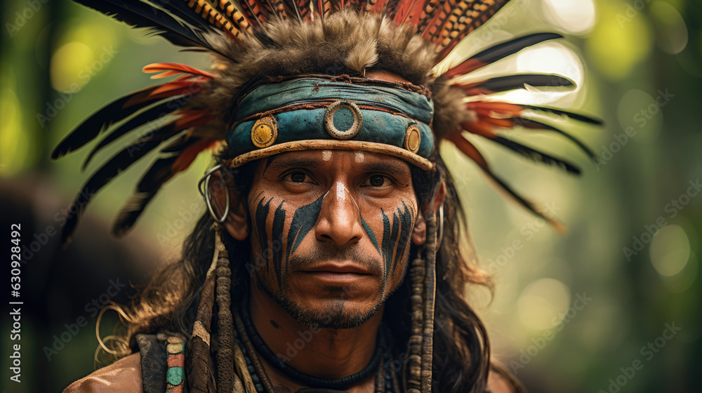 Journey with the Forest Guardian. Serene Exploration of the Amazon Rainforest Guided by an Indigenous Man with Feather Crown. Cultural Adventure AI Generative