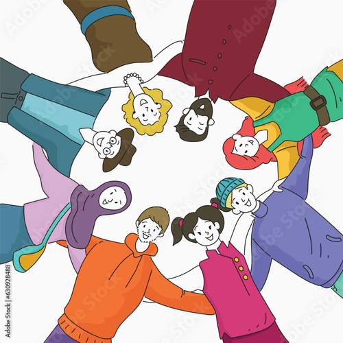 Group of happy people in a circle. Vector outline illustration
