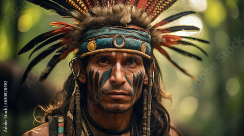 Journey with the Forest Guardian. Serene Exploration of the Amazon Rainforest Guided by an Indigenous Man with Feather Crown. Cultural Adventure AI Generative