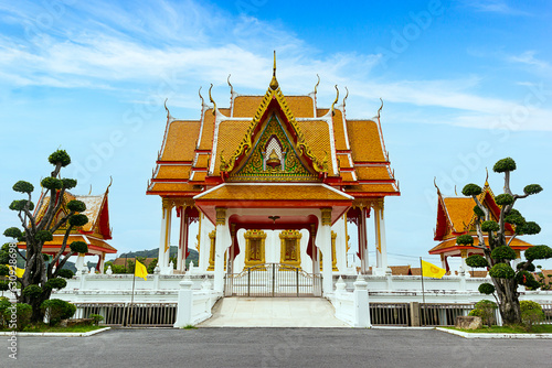 Wat Sirisrilasuparam buddhism temple with blue sky in Phuket Thailand