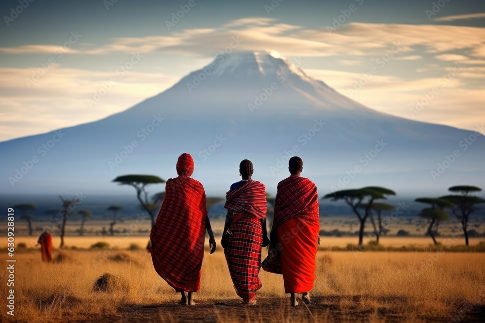 Portrait of a Maasai women with traditional jewelry walking towards mount Kilimanjaro  - obrazy, fototapety, plakaty 