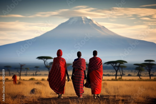 Portrait of a Maasai women with traditional jewelry walking towards mount Kilimanjaro  photo