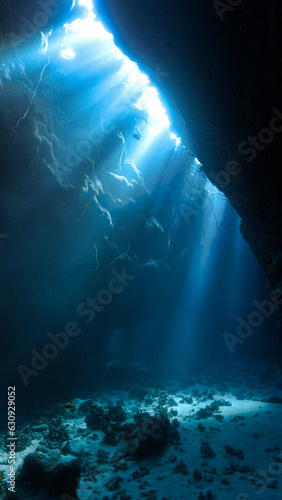 Artistic underwater photo of magic landscape in a cave with rays of sunlight