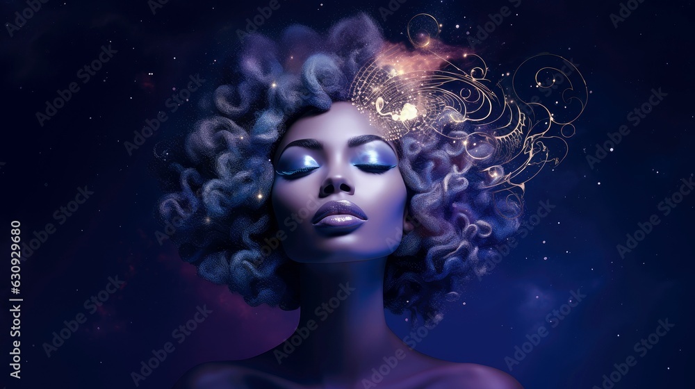 Illustration of woman sleeping and dreaming. Psychic girl considers mind and heart, spirituality, esotericism. Psychic waves concept, Generative AI illustration Illustration of woman sleeping and dreaming. Psychic girl considers mind and heart, spirituality, esotericism. Psychic waves concept, Generative AI illustration