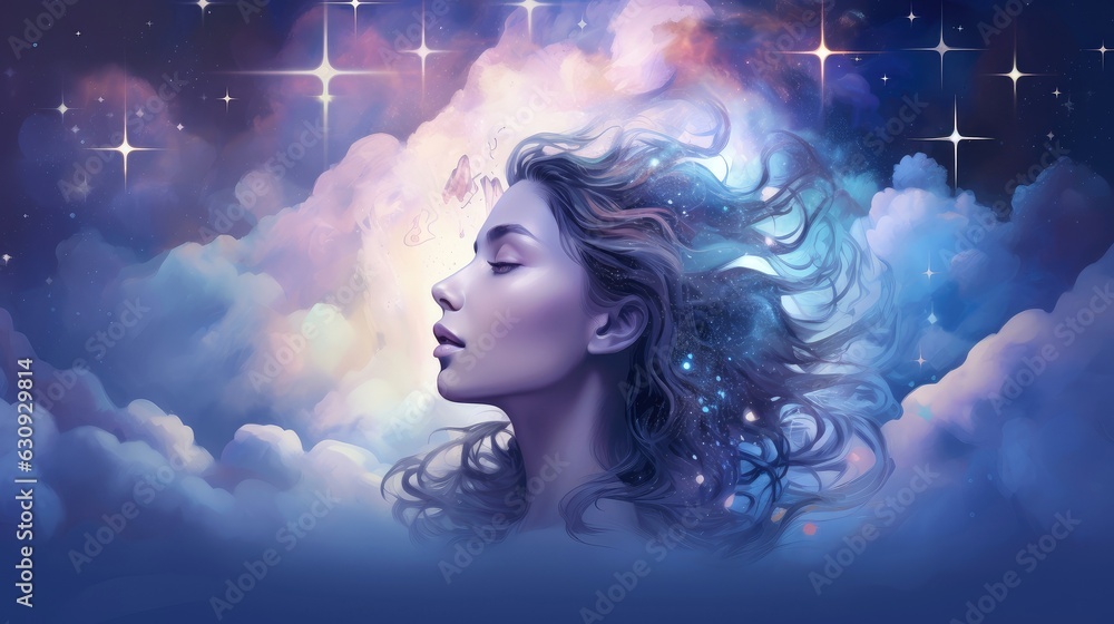 Illustration of woman sleeping and dreaming. Psychic girl considers mind and heart, spirituality, esotericism. Psychic waves concept, Generative AI illustration