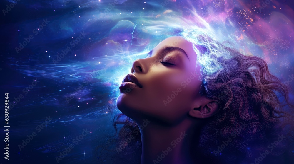 Illustration of woman sleeping and dreaming. Psychic girl considers mind and heart, spirituality, esotericism. Psychic waves concept, Generative AI illustration