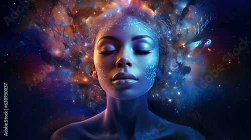 Illustration of woman sleeping and dreaming. Psychic girl considers mind and heart  spirituality  esotericism. Psychic waves concept  Generative AI illustration